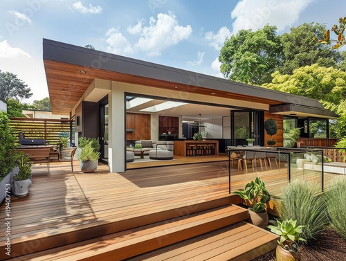 The renovation of a modern home extension in Melbourne includes the addition of a deck, patio, and courtyard area.