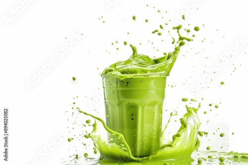 Green smoothie splash on white surface with vibrant liquid splashes healthy lifestyle and wellness concept