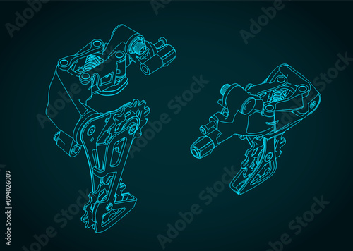 Bicycle rear derailleur isometric technical drawings