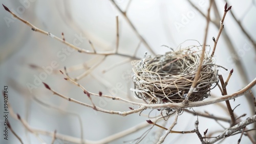 Empty bird's nest on bare tree branches in winter