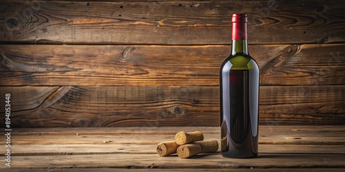 Bottle of wine with a cork on a rustic wooden table , wine, red, drink, glass, beverage, alcohol, celebrate, party, vintage