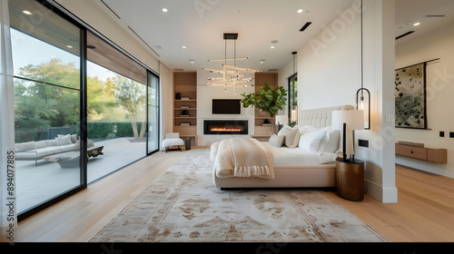 Chic master bedroom with light wood floors, a pendant light cluster, neutral tones, a plush area rug, and a sleek fireplace framed by large windows