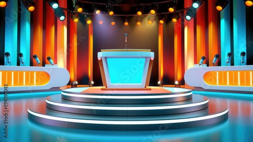 Modern quiz show studio set with vibrant lights, podium, and contestant booths, perfect for game show themes and media productions.