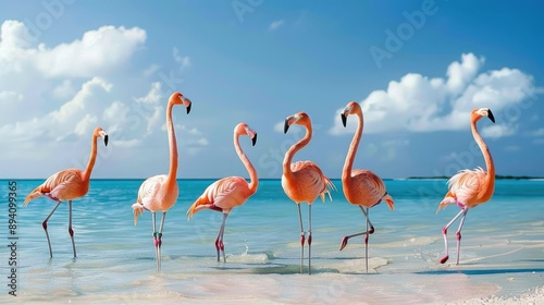 Group of flamingos standing in shallow water, showcasing their elegant posture and vibrant color