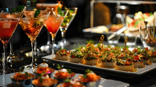 tasting gourmet dishes and cocktails at a sophisticated cocktail party.