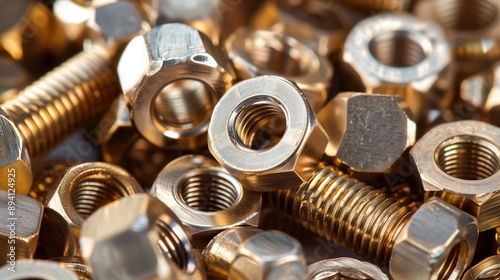 Shiny Copper Nuts and Bolts. Assorted shiny copper nuts and bolts in a pile, highlighting their polished surface and industrial quality.