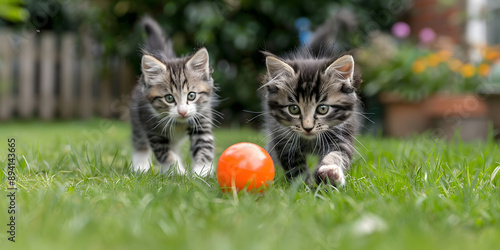 Dois gatinhos brincalhões perseguindo uma bola