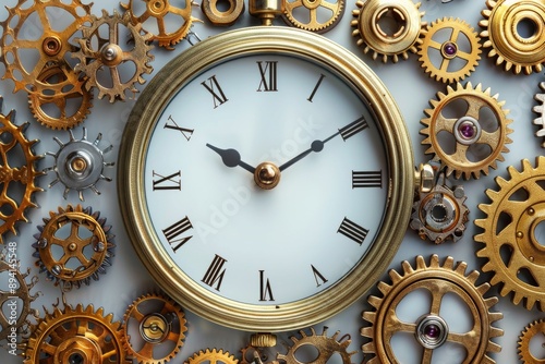 Classic Roman Numeral Clock Surrounded by Cogs and Gears