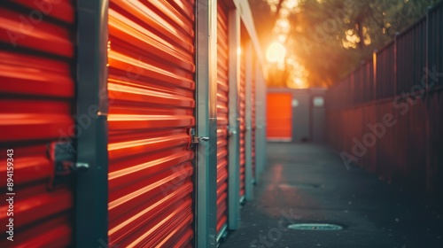 Outdoor storage units with bright orange doors lined up, captured at sunset, highlighting the secure and organized storage facility.