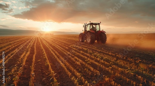 Tractor Driving Through Vast Field of Crops Under Clear Sky