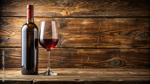 Close up of a wine bottle and glass on a rustic wooden table, wine, bottle, glass, drink, alcohol, beverage, red, white