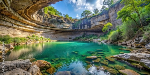 Natural swimming hole in Hamilton Pool Preserve, surrounded by limestone cliffs and turquoise waters