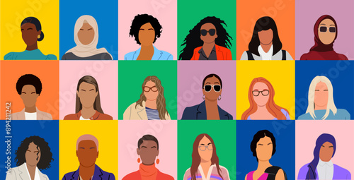 Set of different women faceless portraits, diverse multiracial business women, entrepreneur avatars. Black, african, european, muslim girls. Vector flat illustrations isolated on colorful background.