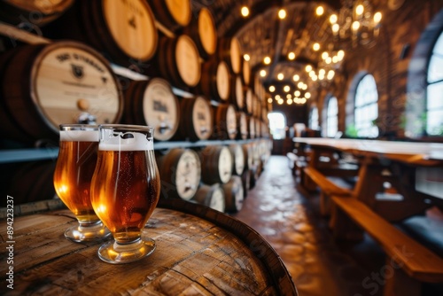 Fermenting amber ale in oak barrels within a rustic cellar evokes a sense of artisanal craftsmanship.