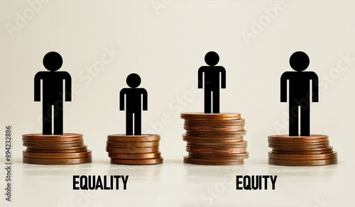 Equality and equity concepts are shown using the text and metaphor with coins. Social equity and equality concepts