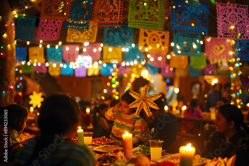 Mexican Christmas posada with colorful decorations and festive atmosphere