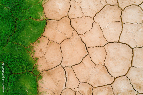 Aerial view of a dry, cracked earth meeting lush, green vegetation. Contrasting nature and environmental impact. Climate change depiction.