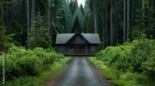 Cozy cabin in the middle of a dense forest, surrounded by evergreen trees and a peaceful nature trail leading up to it.