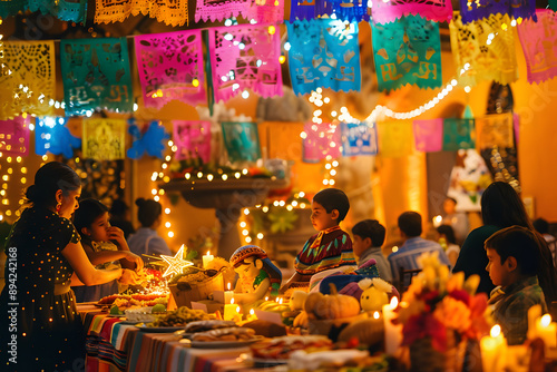 A vibrant and festive Mexican Christmas posada with colorful decorations