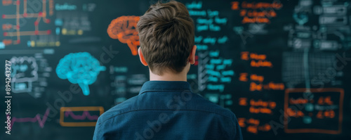 Person analyzing complex data on a blackboard, focusing on artificial intelligence and neural networks in a scientific environment.