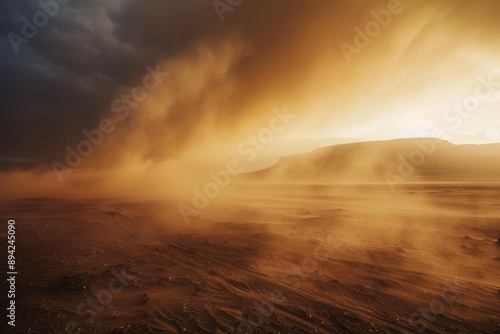 A powerful sandstorm sweeping across a desert landscape, obscuring visibility.