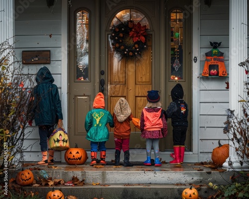 Enthusiastic kids in halloween outfits knocking on festively adorned door for trick or treating