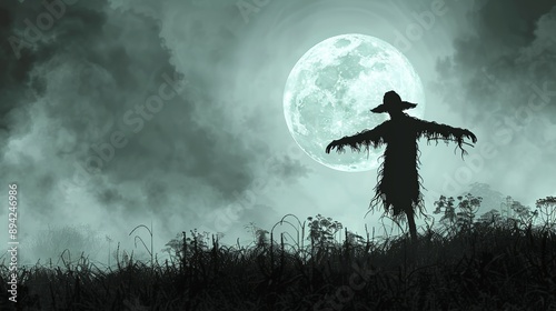 Dark silhouette of a scarecrow against a harvest moon, set in a misty field. Minimalist UI in a flat illustration style on a white background with bright Color scheme, dribble, flat Illustration ,