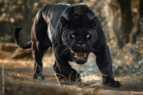 A menacing black panther stands in a forest setting its eyes fixed on the camera