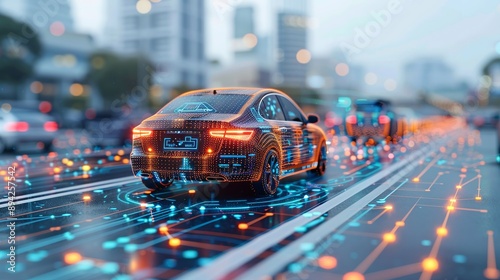 Smart transportation systems with abstract autonomous vehicles and traffic management. Minimalist UI in a flat illustration style on a white background with bright Color scheme, dribble, flat