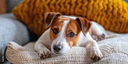 Cute white and brown dog resting comfortably on a blanket.