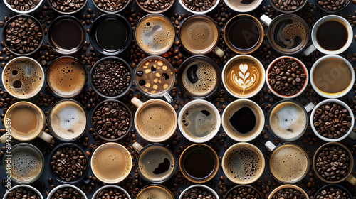 A mix of different coffee cups and beans , collage, copy space