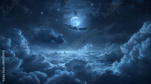 A serene night sky filled with stars and a bright moon illuminating fluffy clouds in a deep blue atmosphere.