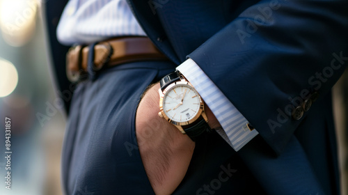 The wrist of a man in a suit with a visible, elegant and expensive watch. A timepiece as a fashionable accessory.