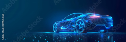 Futuristic digital wireframe of car concept with blue background. 