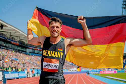 Joyful German Olympian at Paris 2024. A male athlete from Germany, dark brown hair, fair skin, radiating happiness and pride with the German flag. 