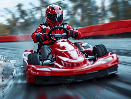 A Go-Kart Driver Races on a Wet Track