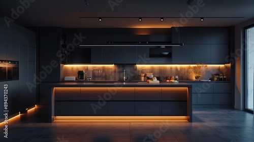 stylish luxury kitchen interior in an ultramodern spacious apartment in dark colors with super cool led lighting and an island for cooking : Generative AI