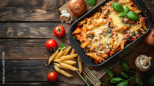 Ground Chicken Pasta Bake with onion mushrooms spinach tomato sauce and mozzarella cheese in baking dish on dark wood table : Generative AI