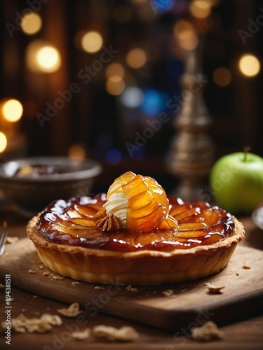 Tarte tatin, French-style apple tart, with ice cream on top, caramelized apples baked in a buttery pastry crust