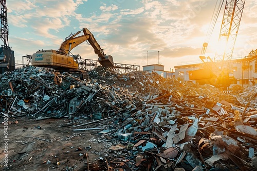 Excavator Sorting Scrap Metal at Sunset