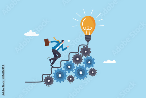 Best practices development, strategy to success or improvement, planning, progress or implementation process, efficiency or productivity concept, businessman running up stair on cogwheel gears system.