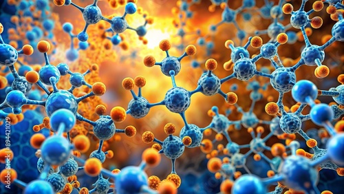 Vibrant orange and blue microscopic view of antioxidant molecules capturing and neutralizing free radicals in a cellular environment.