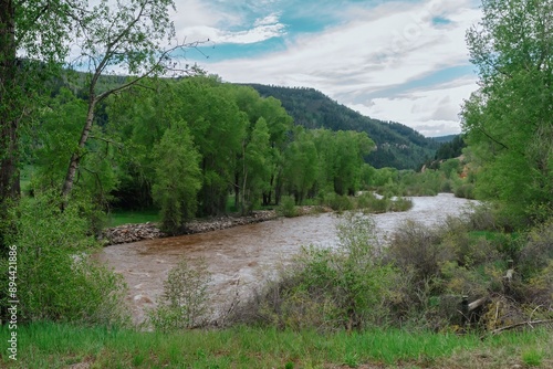 Ranch and forest and river in the springtime. Delorus, Colorado, United States of America.