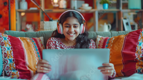 A joyful Indian teen girl with headphones, smiling while watching a movie on her laptop, comfortably sitting on a colorful couch.