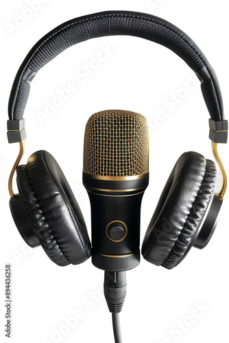 Black Headphones and Gold Microphone Isolated on White Background