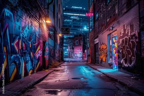 Narrow alley with vibrant graffiti and neon lights during nighttime in urban cityscape. Street art, urban culture, city nightlife, urban exploration, alternative tourism, photojournalism.