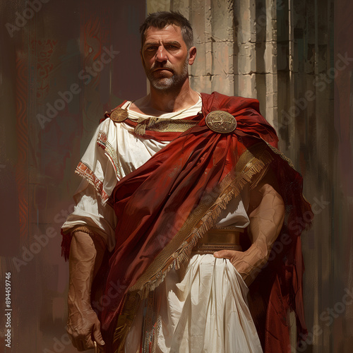 Roman man in traditional toga outfit standing against ancient architectural background. Historical re-enactment, period drama, educational content, ancient Roman culture studies.