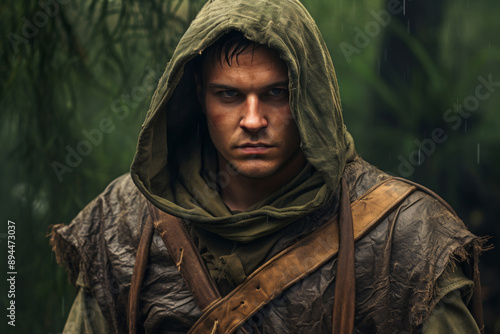 Young medieval hero robin hood hiding in forest, legendary english folklore character