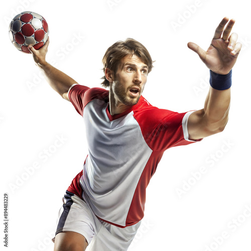 Male handball player in action, showcasing athleticism and power