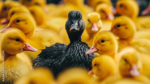 Black duck among yellow, different unique special leader identity, crowd leadership